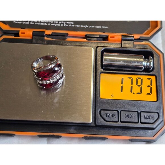 Cocktail Ring Red Multifaceted Glass & Rhinestones Rhodium Plated Size 6 - Picture 4 of 10